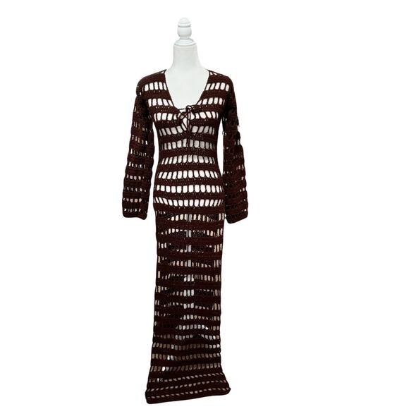 Elexiay Long Sleeve Crochet Maxi Swim Cover Up Small Brown NEW - Picture 2 of 8